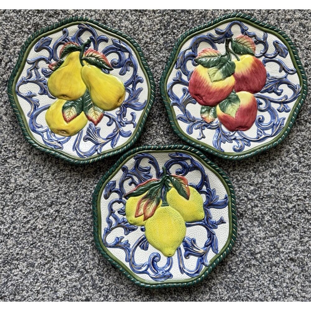 Set of 3 Fitz Floyd Classics Florentine Fruit 9" Canape Wall Plates Lemon Apple